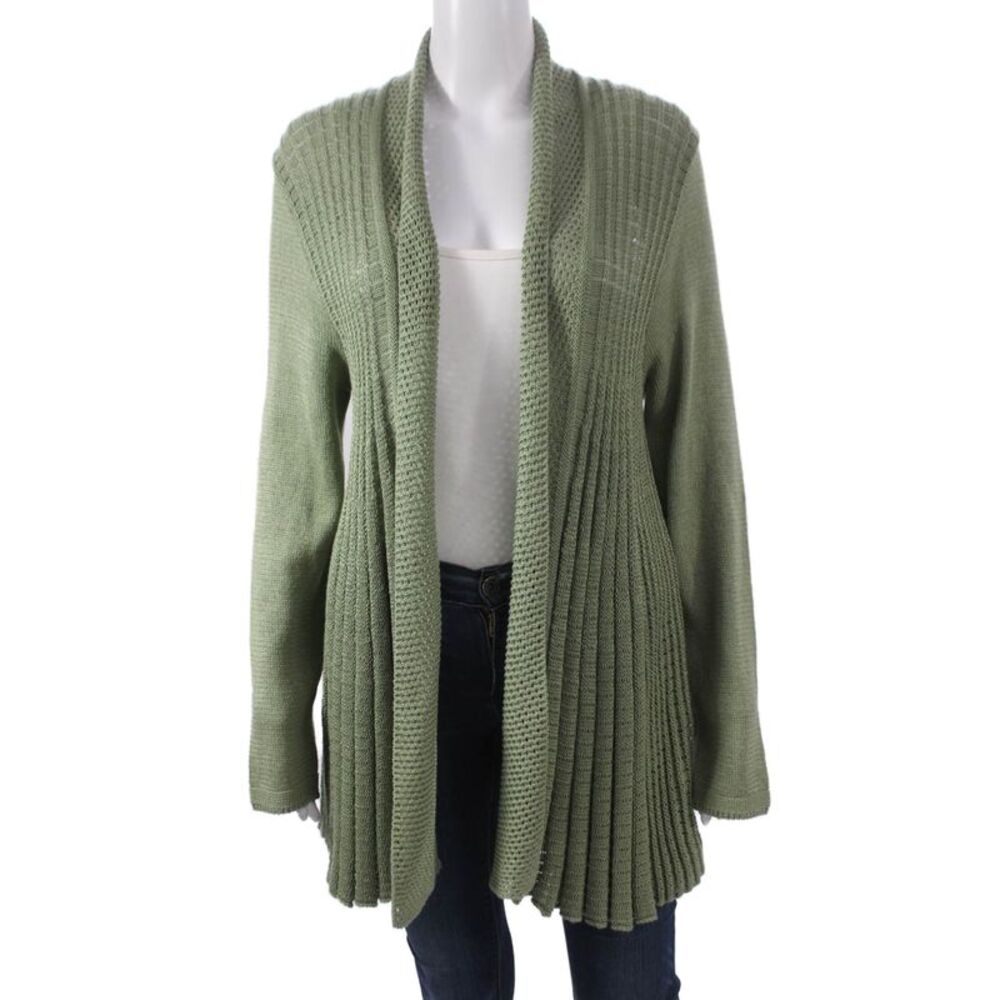Jennifer Tyler Women Collared Cotton Cardigan Long Sleeve Green Size L